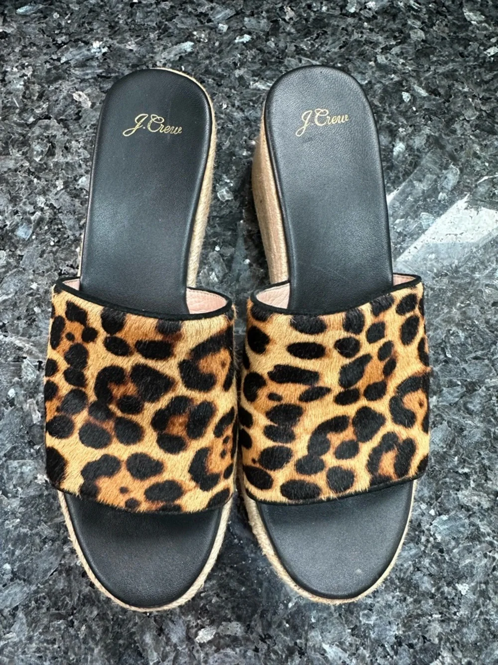 J. Crew Chic Wedge Heel Slide Sandals in Leopard Calf Hair Women’s Size 10